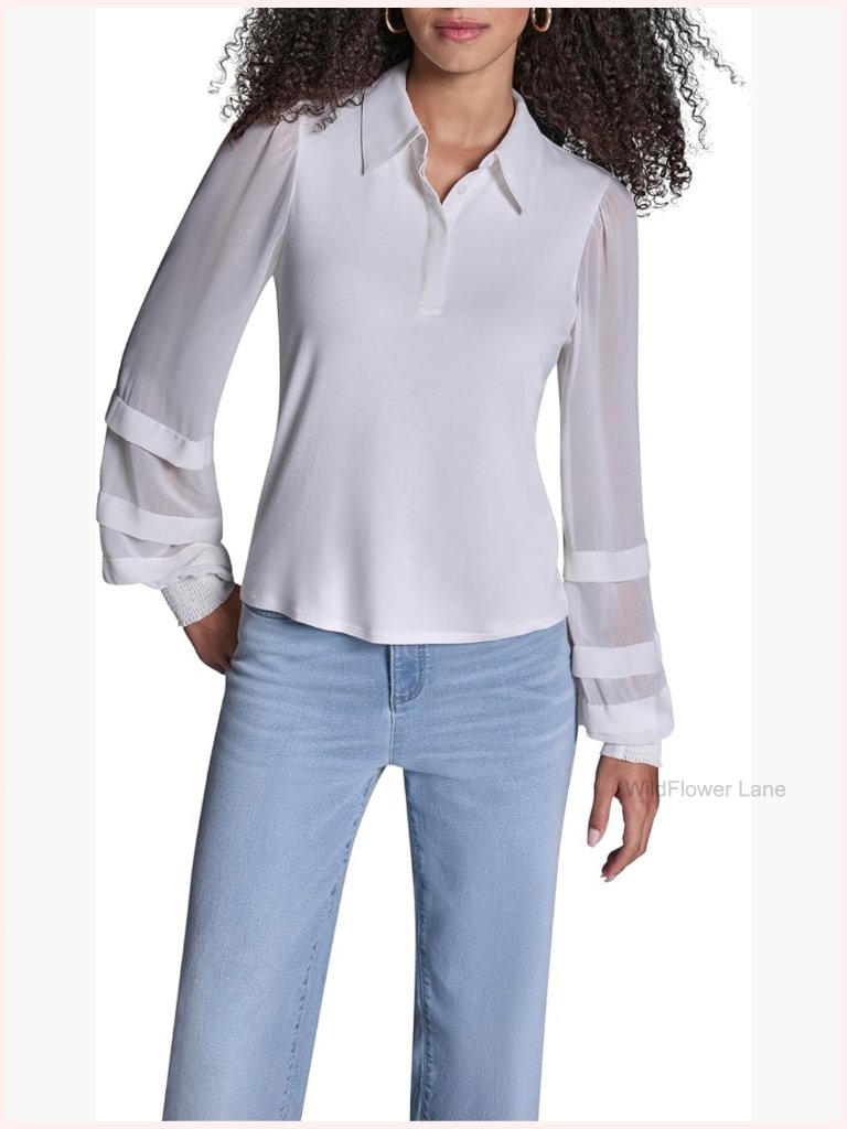 Long Sleeve Collared Blouse With Smocked Cuffs